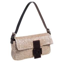 Pre Owned Fendi Beige/Brown Leather and Beaded Baguette Flap Bag