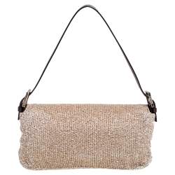 Pre Owned Fendi Beige/Brown Leather and Beaded Baguette Flap Bag