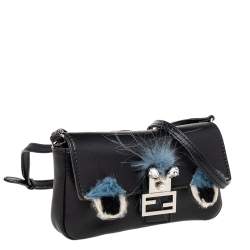 Pre Owned Fendi Black Leather and Fur Micro Monster Baguette Bag
