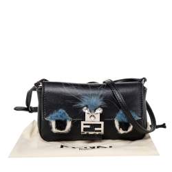 Pre Owned Fendi Black Leather and Fur Micro Monster Baguette Bag