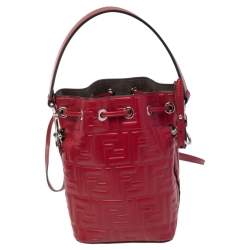 Pre Owned Fendi Red Zucca Leather Mini Mon Tresor Drawstring Bucket Bag