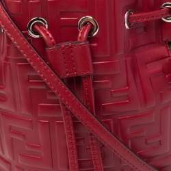 Pre Owned Fendi Red Zucca Leather Mini Mon Tresor Drawstring Bucket Bag