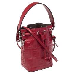 Pre Owned Fendi Red Zucca Leather Mini Mon Tresor Drawstring Bucket Bag
