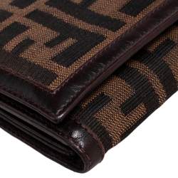 Pre Owned Fendi Tobacco Zucca Canvas and Leather Trim Flap Wallet