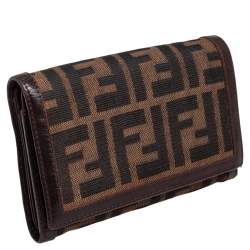 Pre Owned Fendi Tobacco Zucca Canvas and Leather Trim Flap Wallet