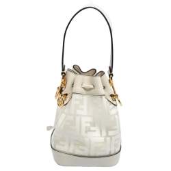 Pre Owned Fendi White Zucca PVC and Leather Mini Mon Tresor Drawstring Bucket Bag