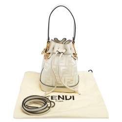 Pre Owned Fendi White Zucca PVC and Leather Mini Mon Tresor Drawstring Bucket Bag