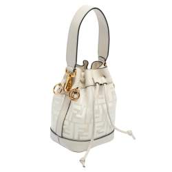 Pre Owned Fendi White Zucca PVC and Leather Mini Mon Tresor Drawstring Bucket Bag