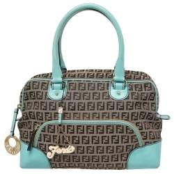 Pre Owned Fendi Brown/Turquoise Zucchino Canvas And Leather Satchel