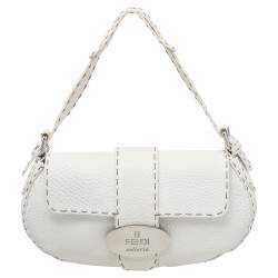 Pre Owned Fendi White Leather Selleria Baguette Bag