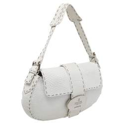 Pre Owned Fendi White Leather Selleria Baguette Bag