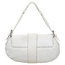 Pre Owned Fendi White Leather Selleria Baguette Bag