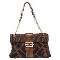 Fendi Tobacco Zucca Canvas and Leather Maxi Baguette Flap Shoulder Bag