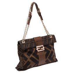 Fendi Tobacco Zucca Canvas and Leather Maxi Baguette Flap Shoulder Bag