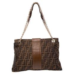 Fendi Tobacco Zucca Canvas and Leather Maxi Baguette Flap Shoulder Bag