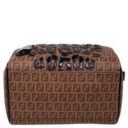 Pre Owned Fendi Tobacco Zucchino Coated Canvas And Patent Leather Boston Bag