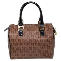 Pre Owned Fendi Tobacco Zucchino Coated Canvas And Patent Leather Boston Bag