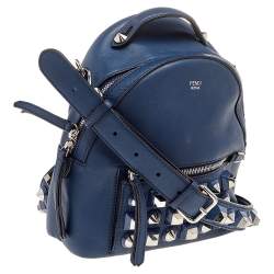 Fendi Blue Leather Backpack Studded Shoulder Bag