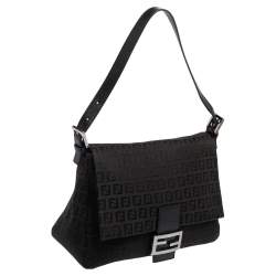 Pre Owned Fendi Black Zucchino Mama Forever Baguette Shoulder Bag