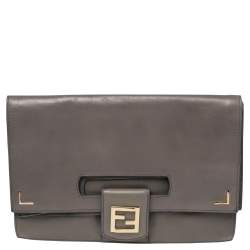 Pre Owned Fendi Grey Leather Foldover Clutch  