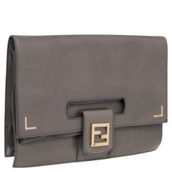 Pre Owned Fendi Grey Leather Foldover Clutch  