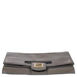 Pre Owned Fendi Grey Leather Foldover Clutch  