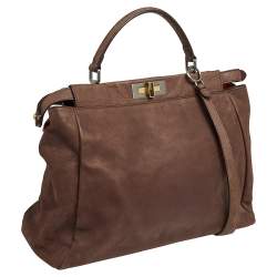 Pre Owned Fendi Brown Leather and Python Lining Large Peekaboo Top Handle Bag