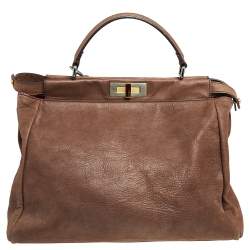 Pre Owned Fendi Brown Leather and Python Lining Large Peekaboo Top Handle Bag