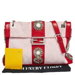 Fendi Red Canvas and Leather Trim Maxi Baguette Embellished Flap Shoulder Bag