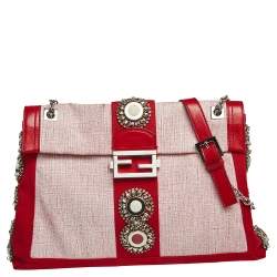 Fendi Red Canvas and Leather Trim Maxi Baguette Embellished Flap Shoulder Bag
