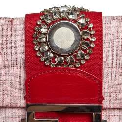 Fendi Red Canvas and Leather Trim Maxi Baguette Embellished Flap Shoulder Bag