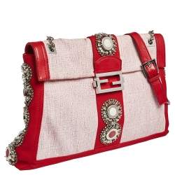Fendi Red Canvas and Leather Trim Maxi Baguette Embellished Flap Shoulder Bag