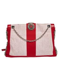 Fendi Red Canvas and Leather Trim Maxi Baguette Embellished Flap Shoulder Bag