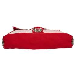 Fendi Red Canvas and Leather Trim Maxi Baguette Embellished Flap Shoulder Bag