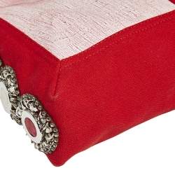 Fendi Red Canvas and Leather Trim Maxi Baguette Embellished Flap Shoulder Bag