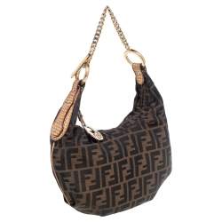 Pre Owned Fendi Tobacco Zucca Canvas and Textured Leather Chef Chain Link Hobo