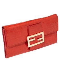 Pre Owned Fendi Orange Zucchino Patent Leather Continental Wallet