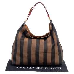Pre Owned Fendi Tobacco/Red Pequin Striped Canvas and Leather Large Hobo
