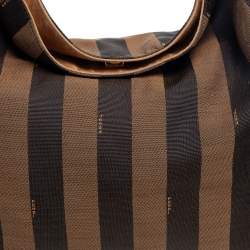 Pre Owned Fendi Tobacco/Red Pequin Striped Canvas and Leather Large Hobo