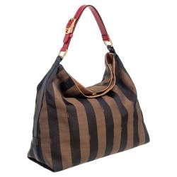 Pre Owned Fendi Tobacco/Red Pequin Striped Canvas and Leather Large Hobo