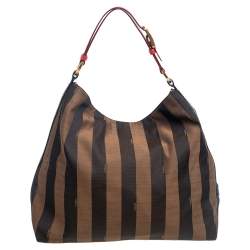 Pre Owned Fendi Tobacco/Red Pequin Striped Canvas and Leather Large Hobo