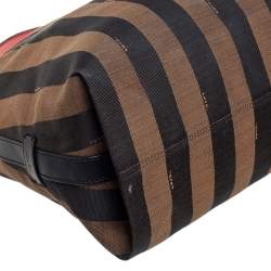 Pre Owned Fendi Tobacco/Red Pequin Striped Canvas and Leather Large Hobo