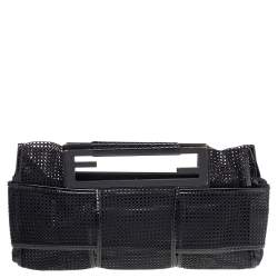 Pre Owned Fendi Black Mesh And Patent Leather Cutout Handle Clutch