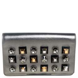 Pre Owned Fendi Metallic Grey Leather Studded Clutch