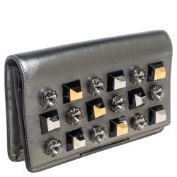 Pre Owned Fendi Metallic Grey Leather Studded Clutch