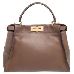 Pre Owned Fendi Dark Brown Leather Medium Peekaboo Top Handle Bag