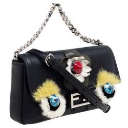 Pre Owned حقيبة كلتش فندي مايكرو مونستر فرو وجلد أسود