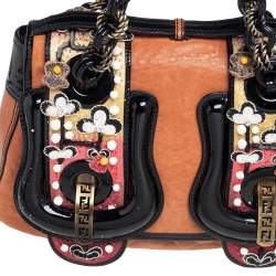 Pre Owned حقيبة كتف فندي B جلد وجلد لامع بني/ أسود مزخرفة