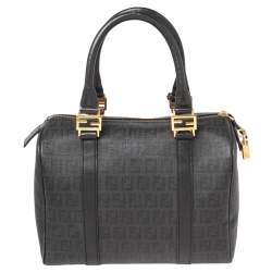 Pre Owned Fendi Black/Grey Zucchino Canvas Small Forever Bauletto Boston Bag