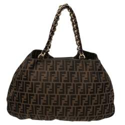 Pre Owned Fendi Tobacco Zucca Canvas And Patent Leather Mia Chain Tote